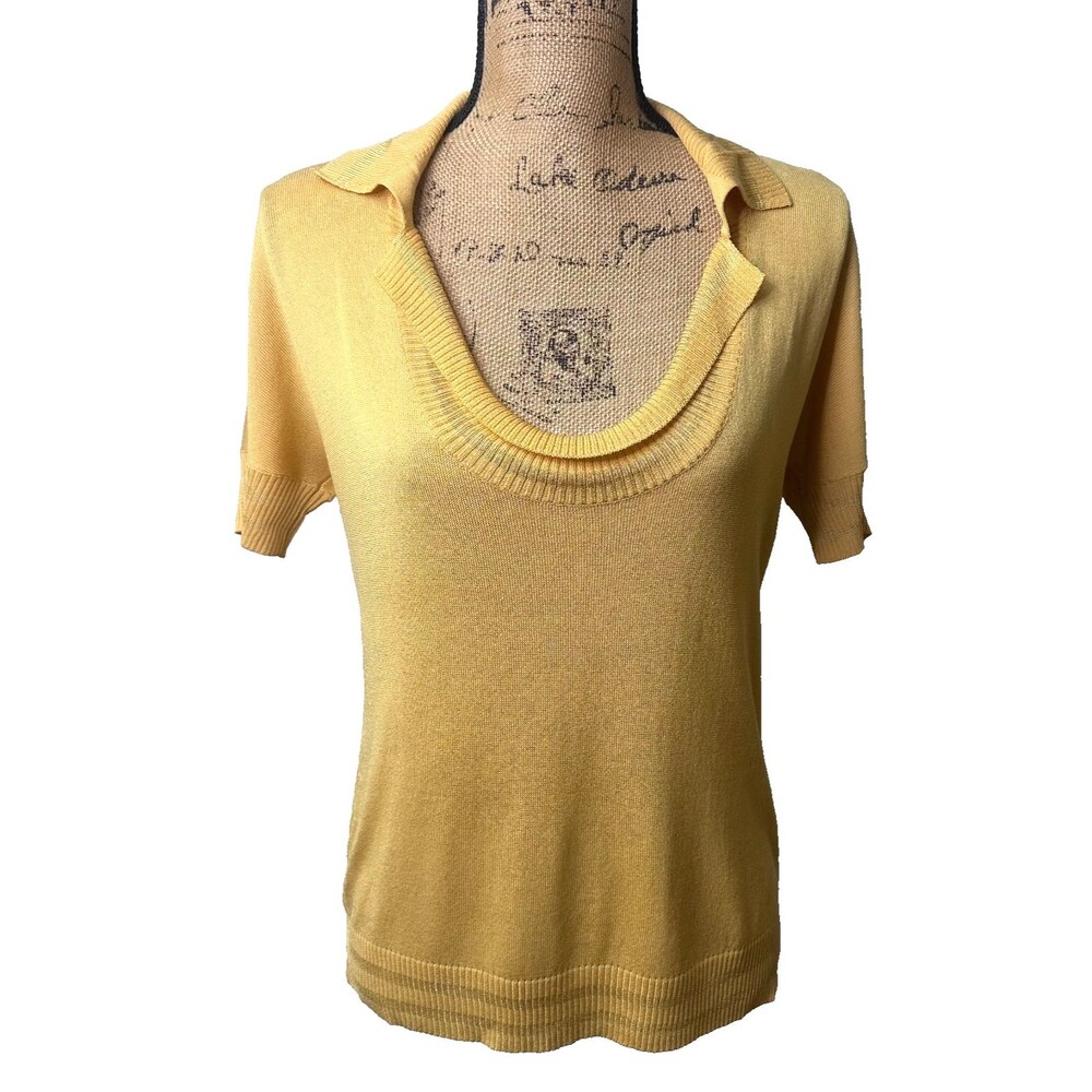 Les Copains Gold Mustard Layered Collar Short Sleeve Knit Top Sweater Sz 42/6
